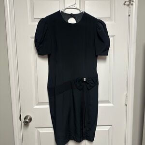 Stenay Vtg Black Sheath Dress with puff sleeves, bow belt, keyhole back size 12